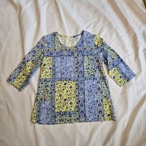 Blair 3/4 Sleeve Pullover Floral Tunic Length Cotton Blend Top Size Large